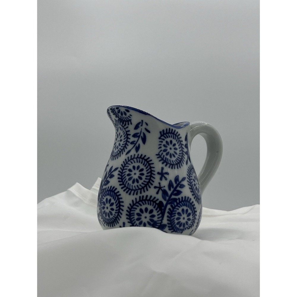 Blue and White Floral Ceramic Pitcher Small Vintage Style Creamer Jug